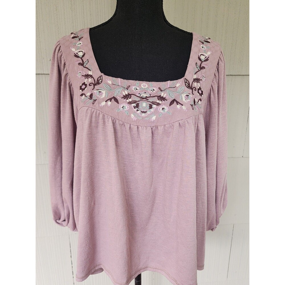 True Craft Dusty Rose Purple Women's Size Large Boho Top Floral Embroidery READ